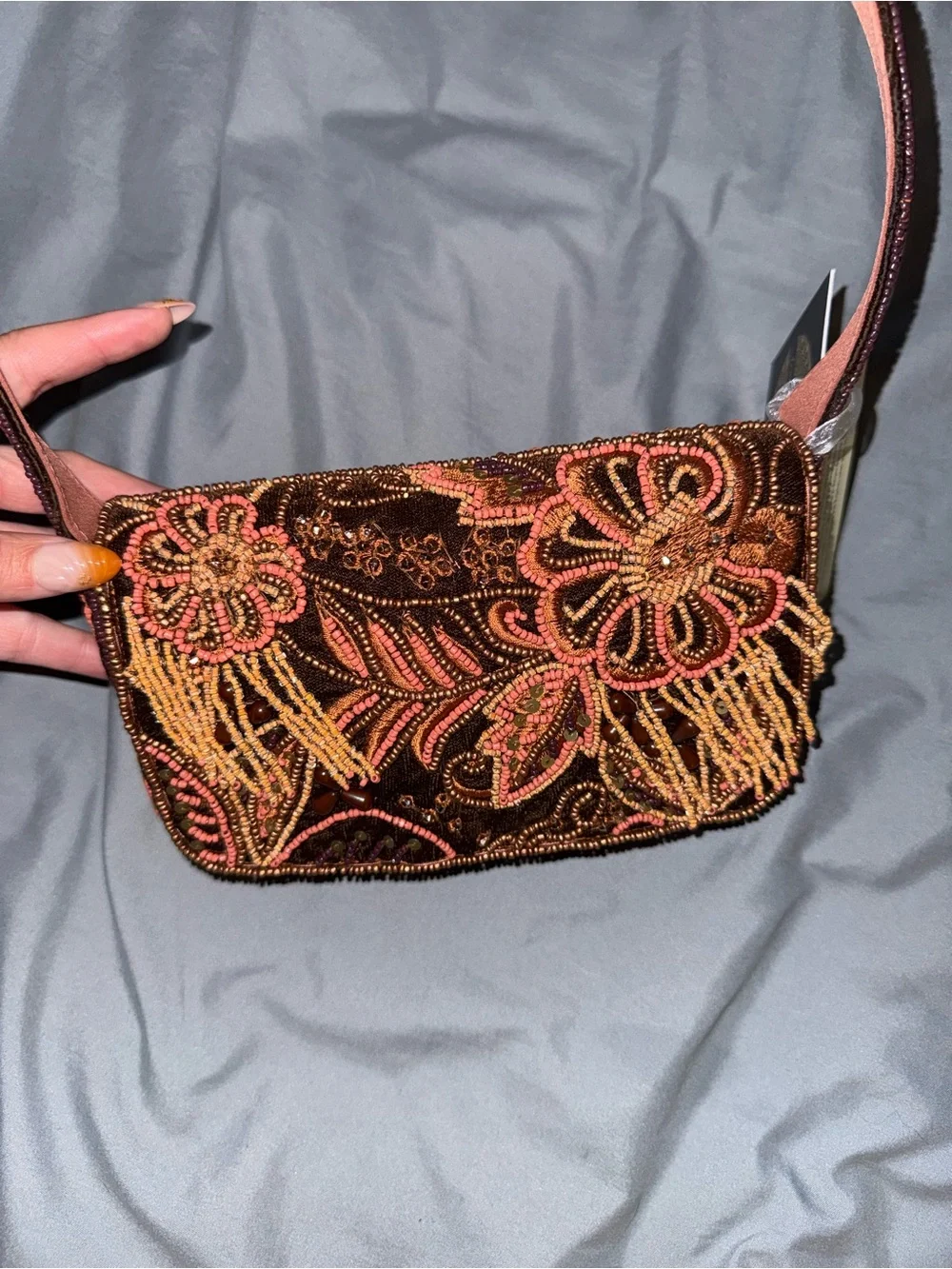 Maroon Beaded and Velvet Floral Shoulder Bag Handmade in India New with Tags